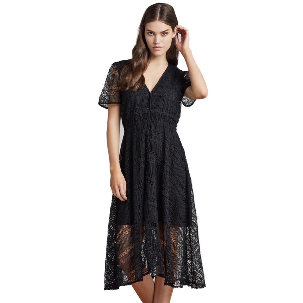 Tularosa Black Short Sleeve Lace Midi Dress